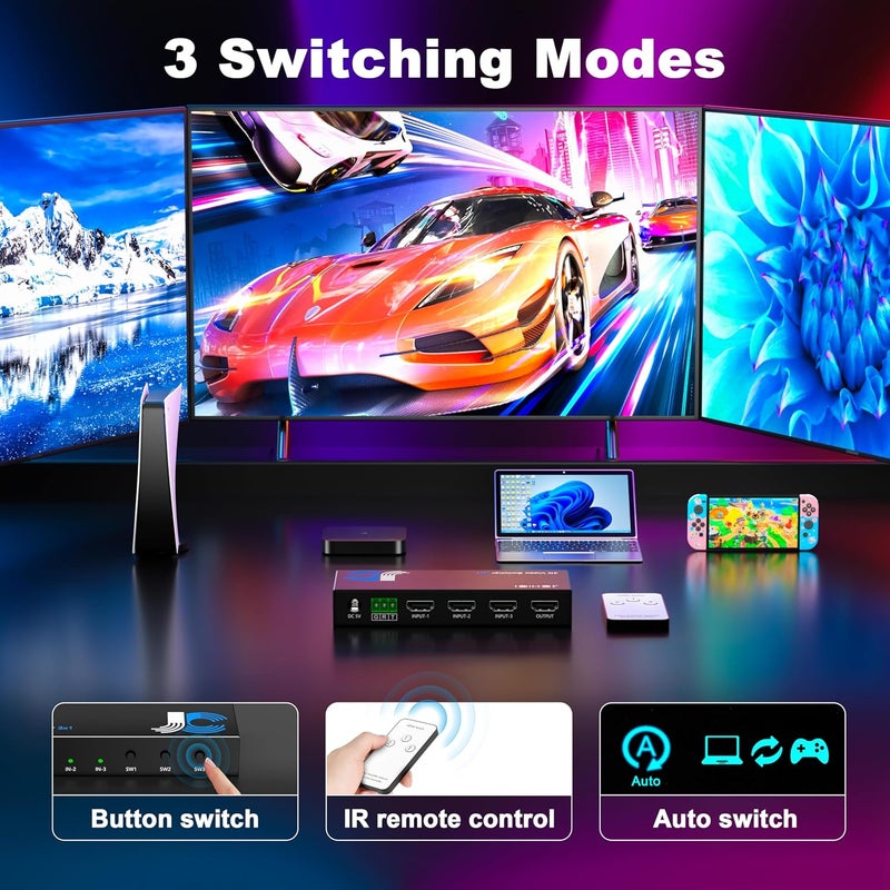 JCHICI مفتاح HDMI 3 في 1 خارج 4K@60Hz، محول HDMI 3 منافذ مع جهاز تحكم عن بعد، يدعم HDCP 2.2 HDR 10+ Dolby Vision/Atmos 18Gbps CEC لتلفاز آبل، ألعاب الكمبيوتر، PS4 5 برو، إكس بوكس، روكو - Image 3